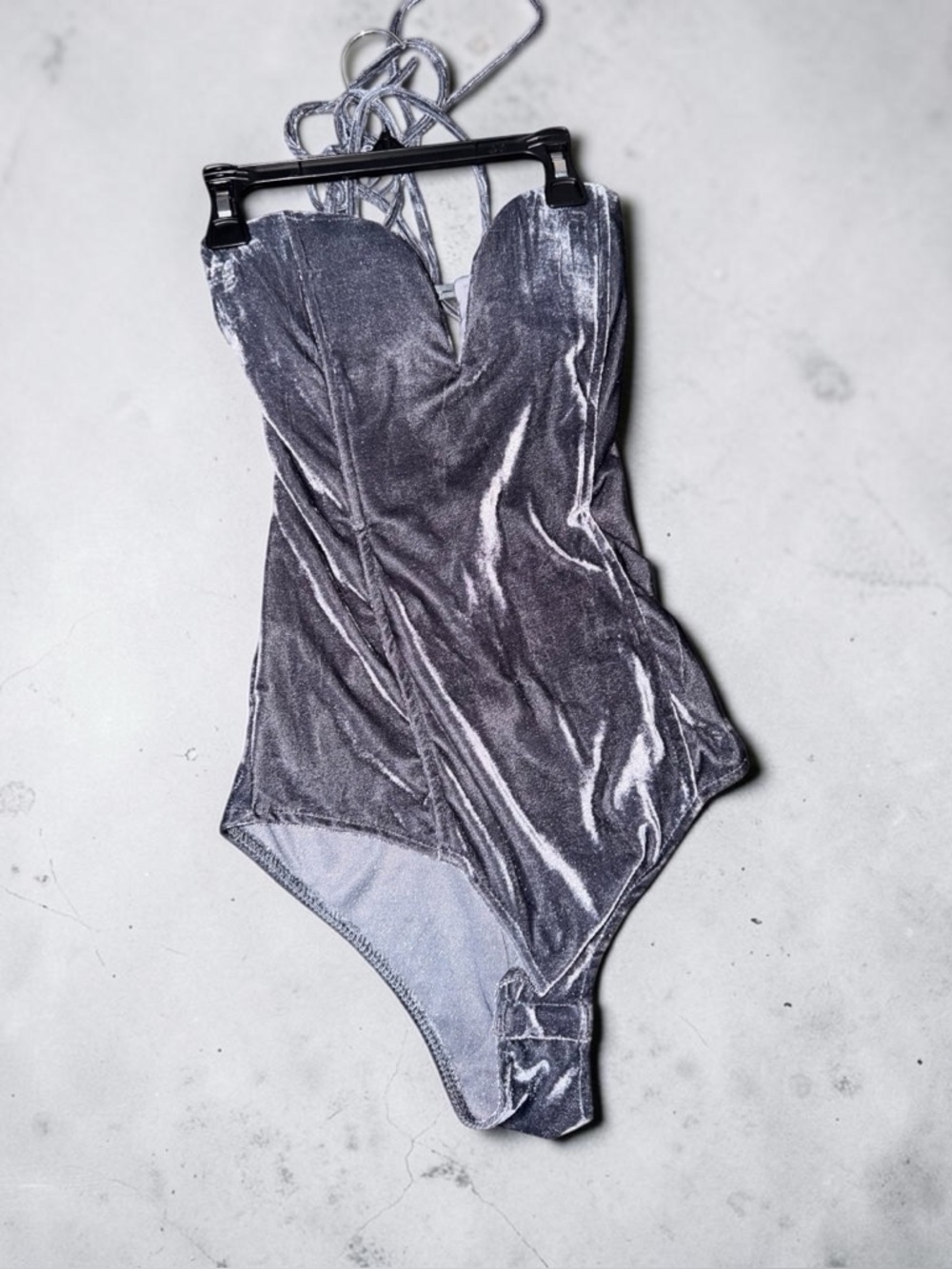 Velvet Strapless Bodysuit in Charcoal Gray